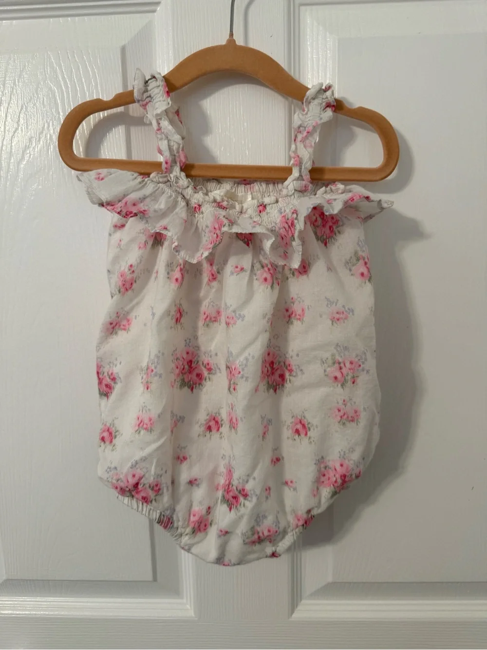 LoveShackFancy White Romper with Pink Floral Print